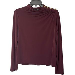 Express Burgundy Ruched Long Sleeve Top with Gold Button Shoulder Accent Size XS
